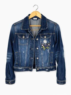 C’EST TOI Distressed Dark Wash Floral Embroidered Denim Jacket Sz M • 90s Style